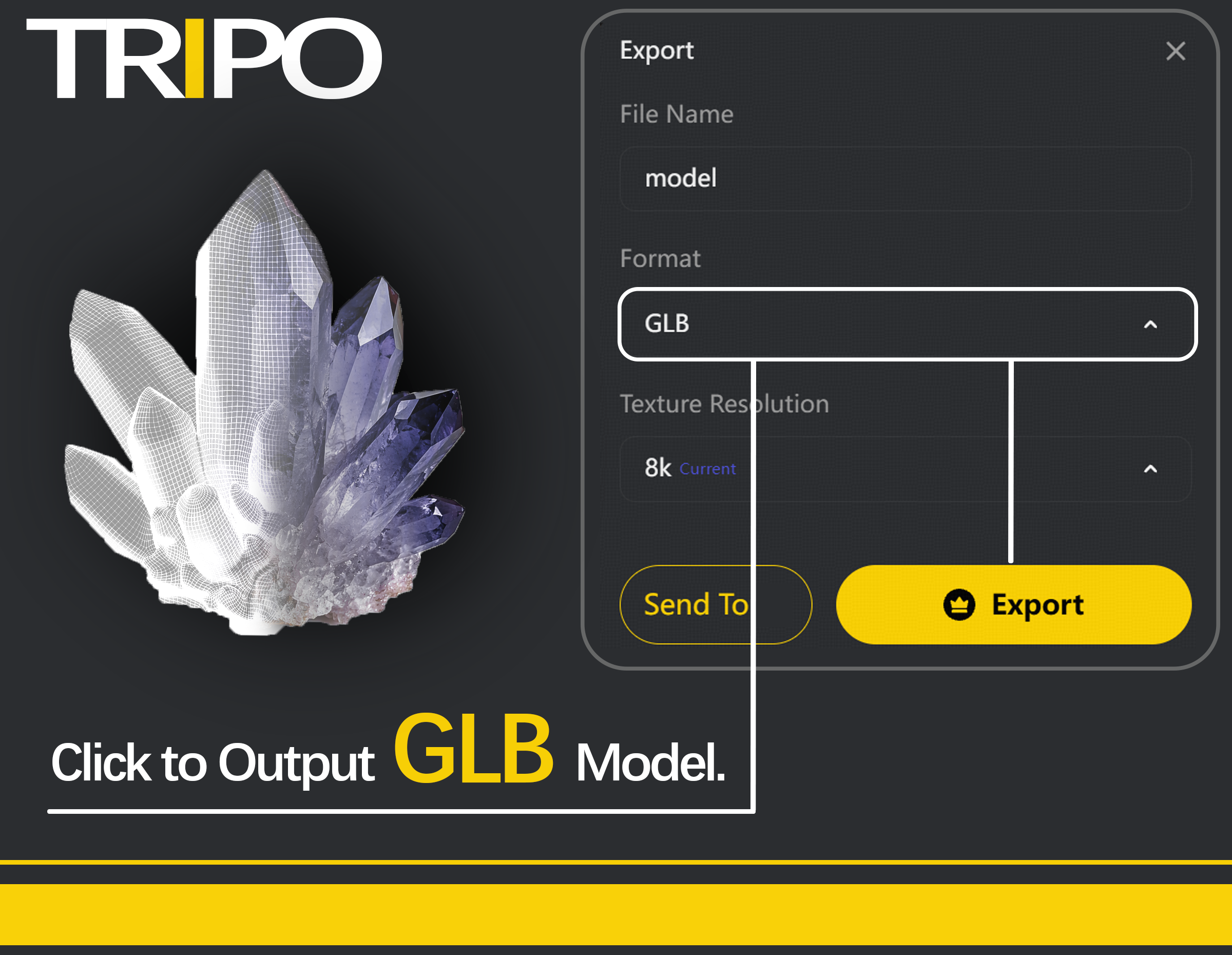 Tripo Studio export guide: click Export to output a GLB model